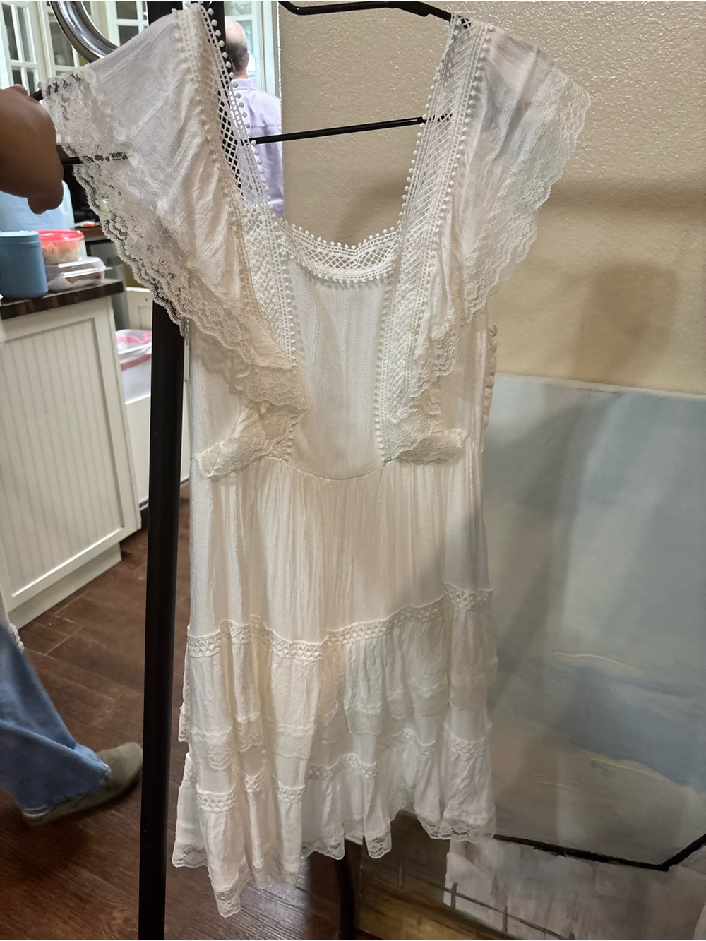 Women's White Lace Trim Boho Midi Dress